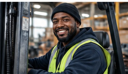 Forklift operator in a high-visibility vest smiling in a warehouse
